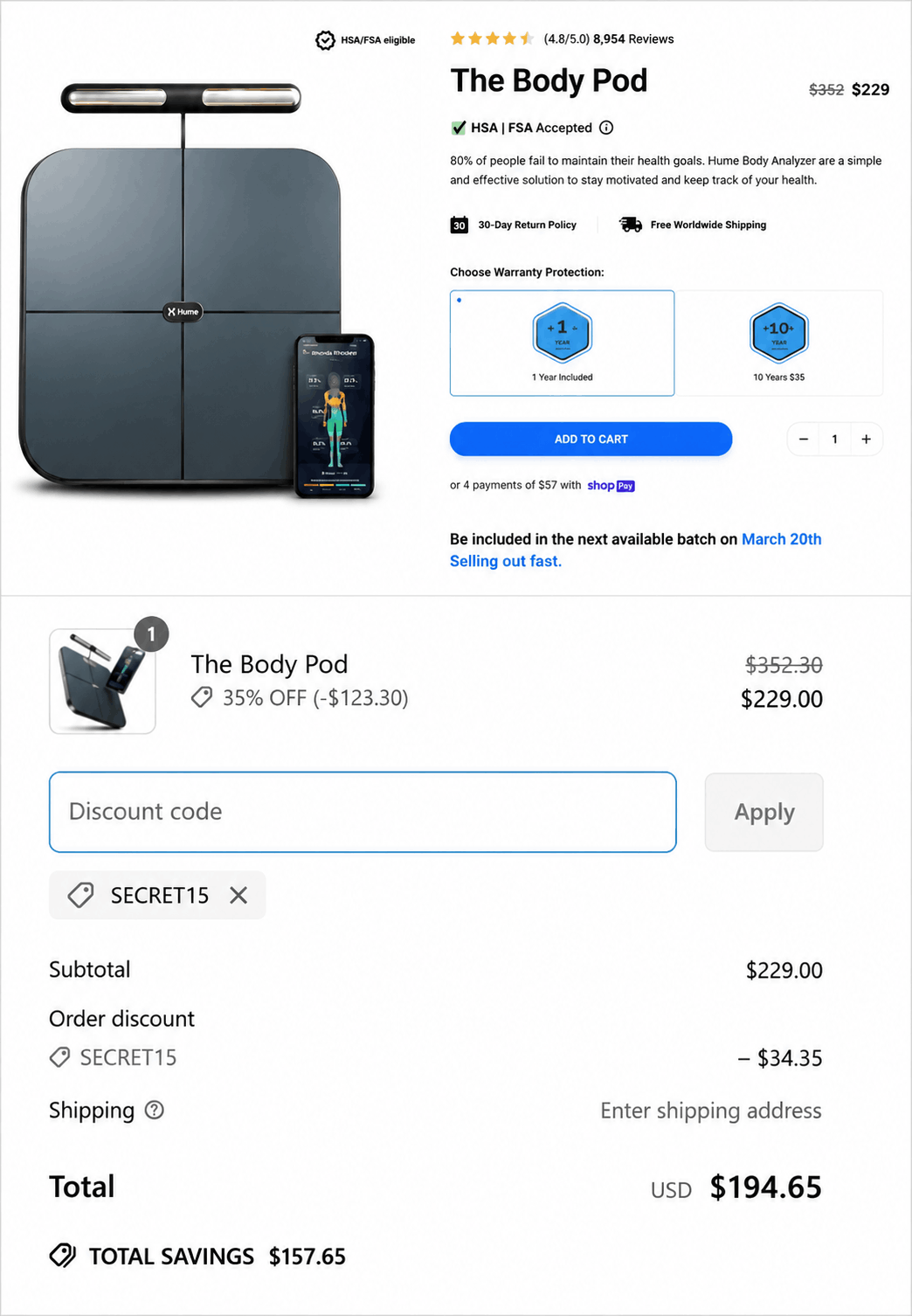 Hume Health Body Pod secure SSL 256-bit encrypted checkout page